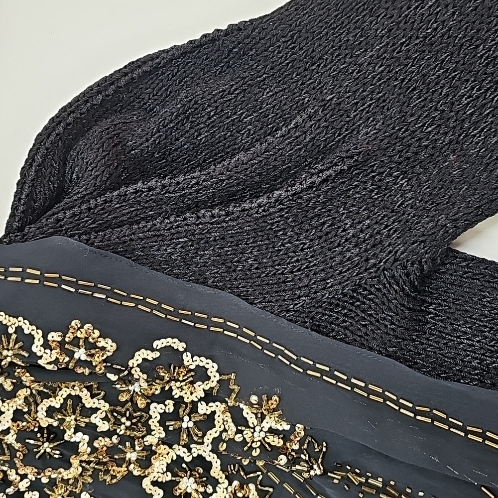 Vtg 90s Magnolia Black Faux Wrap, Beaded Scarf, Deep Vneck Sweater, Size Med - Picture 10 of 14